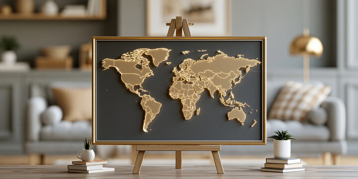 Gold map panel real estate finance modern world map on easel in stylish living room with warm mood