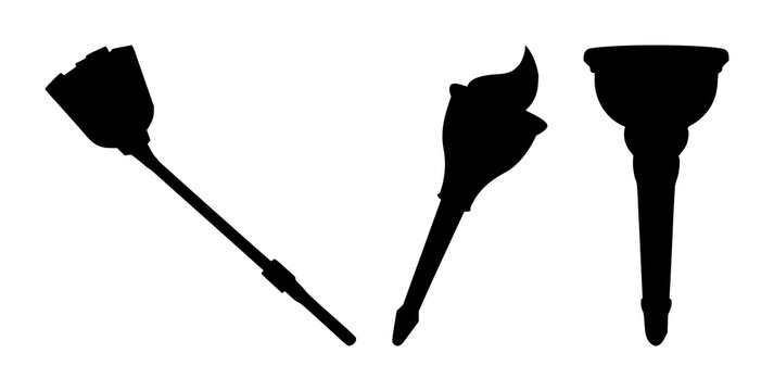 Torch silhouette set with single flame icon on stark white background featuring torch, silhouette, flame with black and white and minimalist