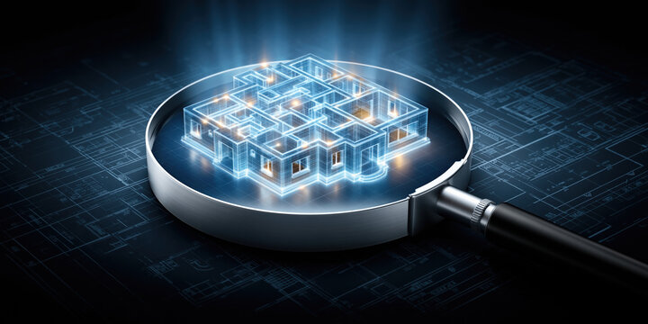 Real estate finance digital blueprint magnifying glass property search architectural plan inspection