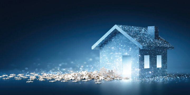 Real estate finance glowing digital house with scattered puzzle pieces symbolizing investment and mortgage planning