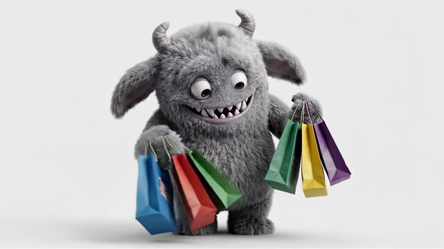 Happy furry monster carrying colorful shopping bags. Cute beast enjoys mall purchase. Sale season consumer behavior, retail therapy, creature lifestyle, 3d animation.