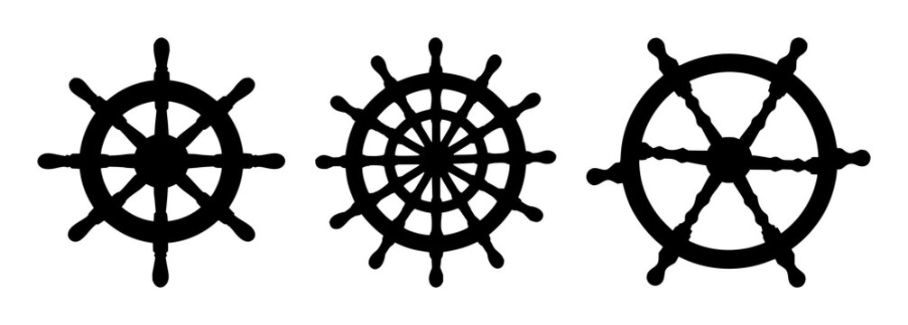 Ship wheel set with black silhouette on crisp white background featuring ship wheel, nautical, maritime with black and white