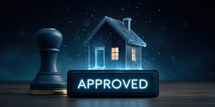 Real estate finance approved holographic house with stamp conveying mortgage decision and positive emotional relief