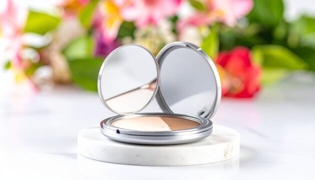Open compact makeup case &ndash; dual pressed powders with mirror on white surface, blurred floral background, surreal concept art symbolizing elegance, beauty, freshness, femininity, and resilience.