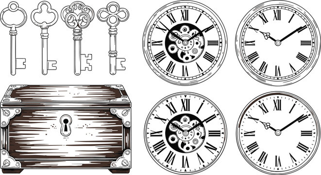 Vintage Antique Objects Vector Set Featuring Roman Numeral Clocks Skeletal Gears Wooden Treasure Chest and Ornate Skeleton Keys Graphic Designs