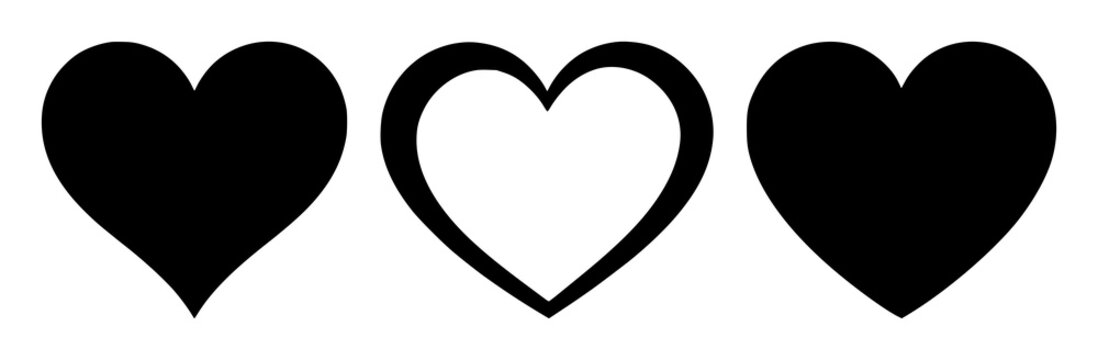 Heart symbol set with black silhouette on white background featuring heart icon, love emblem, romantic symbol with simple line and bold shape