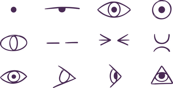 Set of eye icons minimalist outline shapes various expressions for vision surveillance and looking symbols.