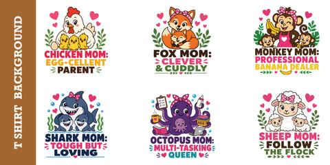 Charming animal family vector graphics including chicken fox monkey shark and octopus mom. © jubayer95
