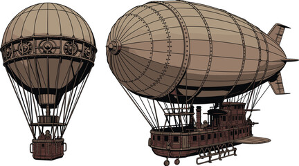 Steampunk Airship and Hot Air Balloon Vector Set Featuring Vintage Steampunk Dirigibles and Blimps for Retro Fantasy Travel Designs © Shilpi