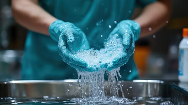 Medical professional washing instruments in sterile water