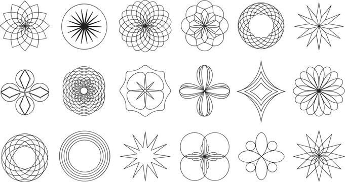Geometric Flower Mandalas and Guilloche Pattern Line Icon Set Featuring Sacred Geometry and Ornamental Stars for Guilloche Design Projects