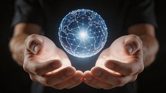 Human hands holding a glowing digital globe with network connections, illustrating global communication, worldwide internet connectivity, and international business networking