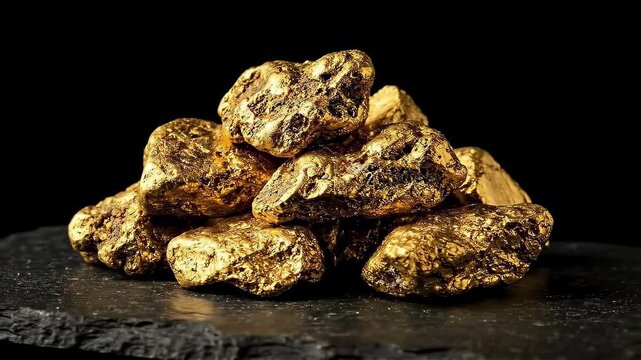 Pile of raw gold nuggets resting on dark stone surface. Shiny precious metal ore treasure. Investment wealth and financial success concept in luxury background.