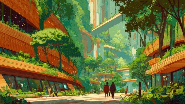Vibrant vision of an eco-friendly urban future where nature and modern architecture harmoniously coexist for sustainable living and community