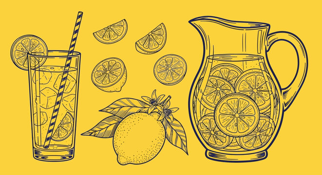 Lemonade, citrus drink, vector icons, yellow background, illustration set