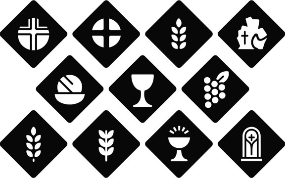 Set of 12 eucharist themed icons with religious symbols including chalice cross bread wheat grape wine and altar in black and white vector style for faith and worship visuals