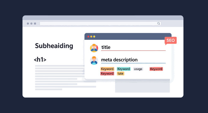 SEO Optimization Interface with Title, Description, and Keywords.