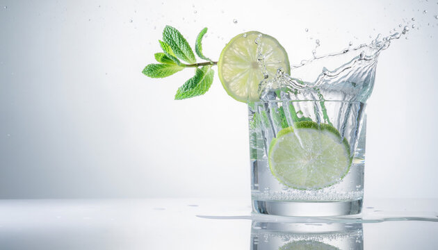 Refreshing water splash with lime and mint in a clear glass on a bright background, symbolizing coolness and hydration.