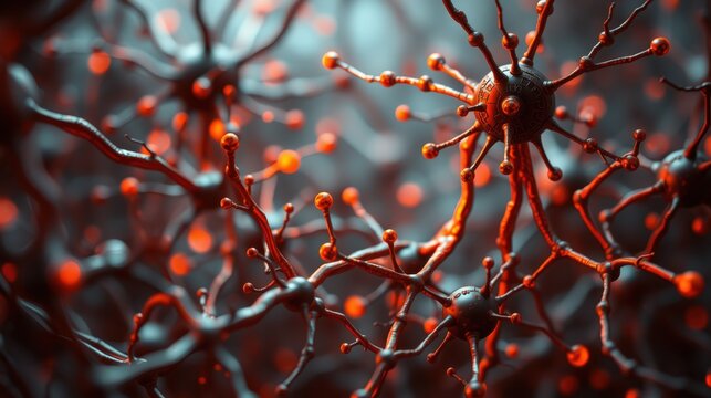 Complex network, red structures, dark background. Possible virus or neural connections, detailed rendering. Futuristic, science illustration.