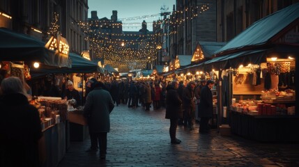 Obraz premium Vibrant Night Market with Twinkling Lights and Busy Stalls Filled with Shoppers Enjoying Their Evening.