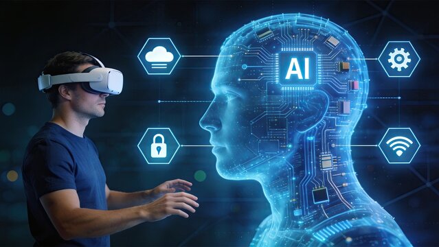 Man wearing VR headset interacting with holographic AI brain interface, futuristic technology concept of virtual reality, machine learning and digital transformation in modern