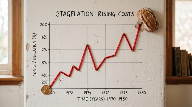 Stagflation concept with red thread line graph on white wall, gold coin at the bottom and loaf of bread at the top representing high inflation and cost.