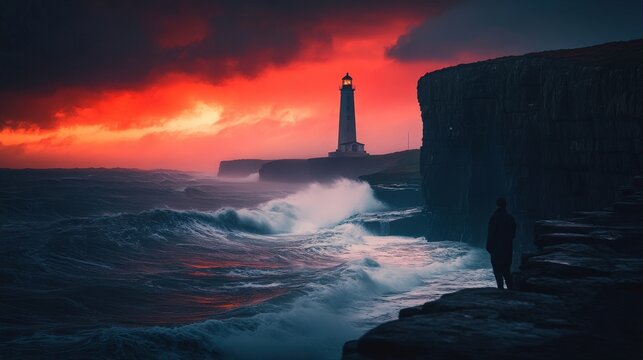 A stunning lighthouse stands tall against the dramatic sky at sunset, waves crashing on rocky cliffs near the shore.
