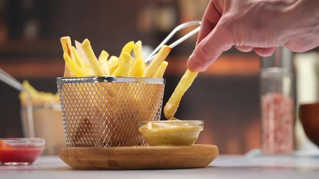 French fries dipping into ketchup close up, crispy fast food scene, copy space