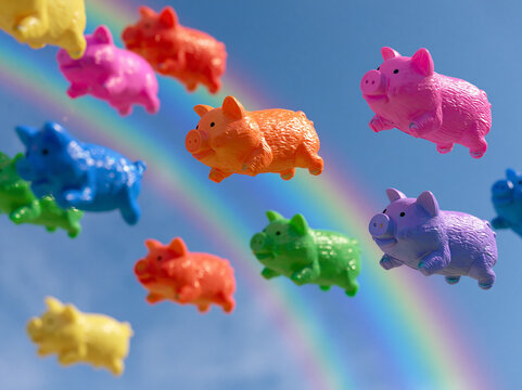 Colorful pigs fly in the sky with a rainbow in the background during a bright day