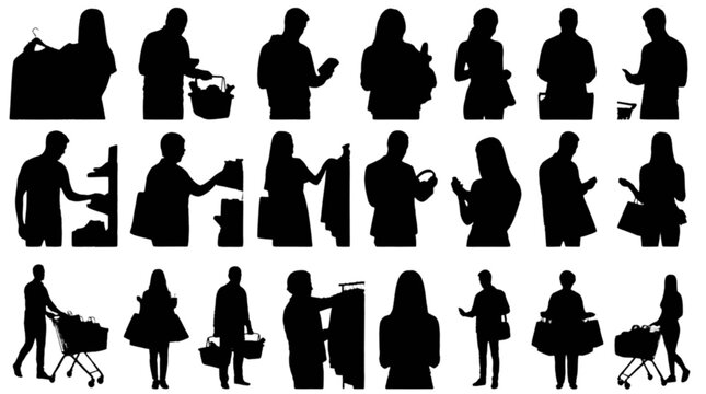 Silhouette people icons in various poses isolated on transparent background, Vector