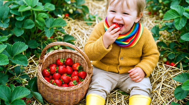 Toddler eating fresh strawberry in a sunny berry field with a wicker basket full of picked red berries during a fun harvest day out photo