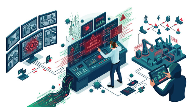 Data center operator monitoring dashboards in a high tech control room.
