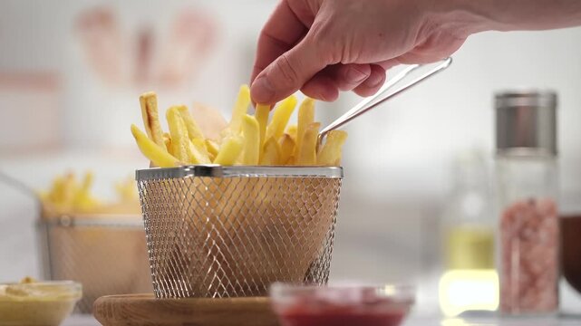 Crispy french fries served in a metal basket, human hand taking a fry, golden texture