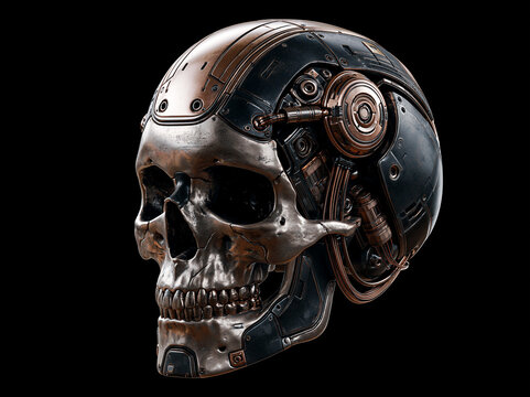 Skull with robotic elements on a black background showing the blend of human and machine features