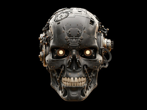 Mechanical skull with robotic features displays intricate design and glowing lights in a dark setting