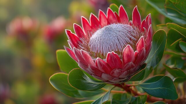 Large king protea flower head glows in warm sunbeam. Red petals surround grey center. Green leaves and blurred blooms grow nearby. Exotic plant thrives in natural garden. 
