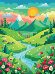Fototapeta premium Vibrant Cartoon Nature Landscape Illustration with Flowing River, Colorful Flowers, Rolling Hills, Trees, Mountains, Sunny Outdoors