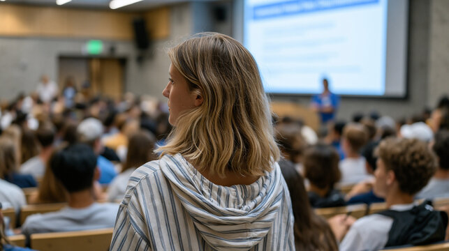 Student volunteer requirement orientation, a university auditorium packed with incoming freshmen listening to a service learning coordinator presenting on a large projected screen showing community 