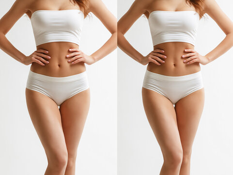 Model poses in white clothing showing body figure against plain background in studio setting during daytime