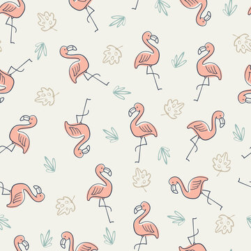 Seamless Cute Flamingo Pattern with Tropical Leaves and Pastel Colors, Adorable Summer Cartoon Animal Background for Kids Nursery Decor, Baby Textile, Wallpaper and Surface Design