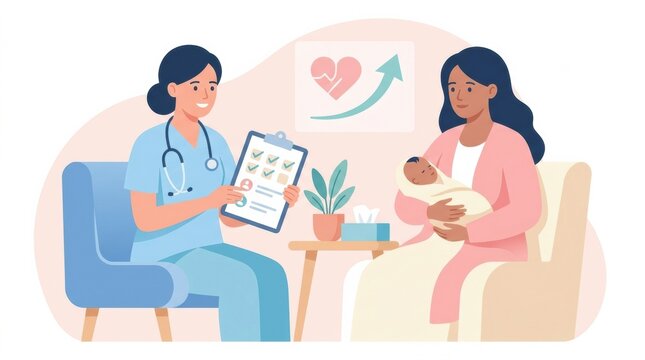 Healthcare provider discusses health screening results with a mother holding her newborn in a clinic. The environment is supportive and informative.