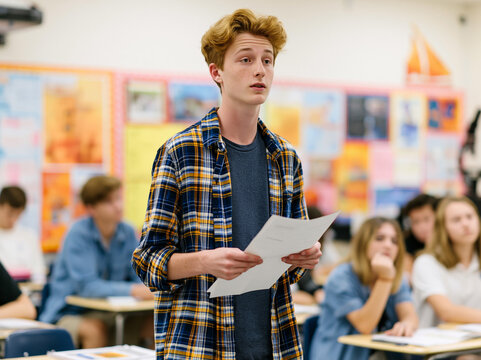 Student stands in front of classmates during a presentation in a classroom setting in the morning time
