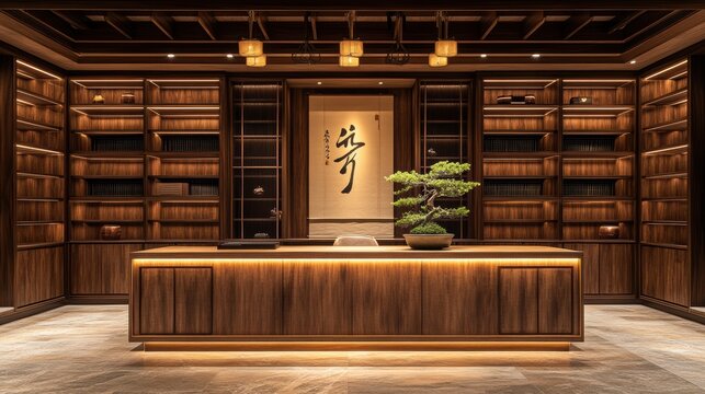 Elegant wooden library with bonsai and calligraphy scroll
