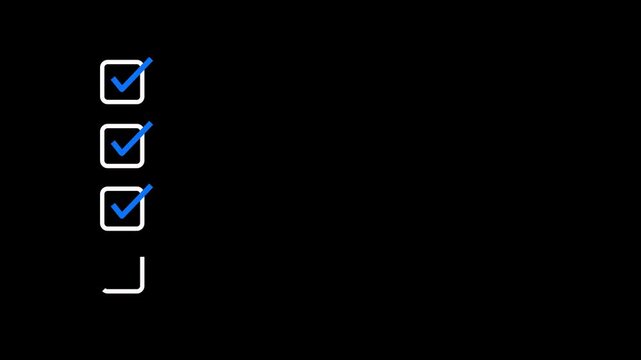 Animated four step process checklist with blue check marks in square boxes on black background. Choice Answer Vote Verification. Task completion animation for workflow, approval steps and explainer