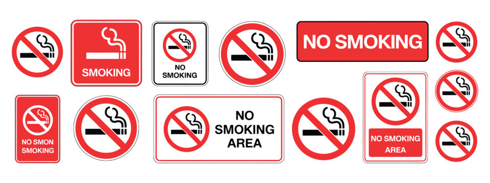 No Smoking Sign Collection, Prohibition Symbols with Cigarette, Electronic Cigarette and Smoke Icons, Tobacco Restriction Notices for Public and Indoor Areas