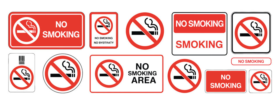 No Smoking Sign Collection, Prohibition Symbols with Cigarette, Electronic Cigarette and Smoke Icons, Tobacco Restriction Notices for Public and Indoor Areas