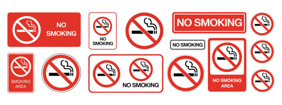 No Smoking Sign Collection, Prohibition Symbols with Cigarette, Electronic Cigarette and Smoke Icons, Tobacco Restriction Notices for Public and Indoor Areas