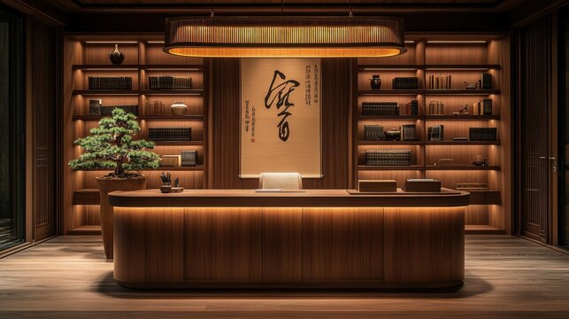 A modern reception desk in a beautifully lit wooden office with bookshelves