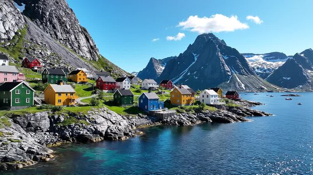 Scenic Norwegian Fjord Village aurora borealis vector