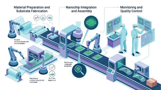 Industrial production line with workers and automated equipment.